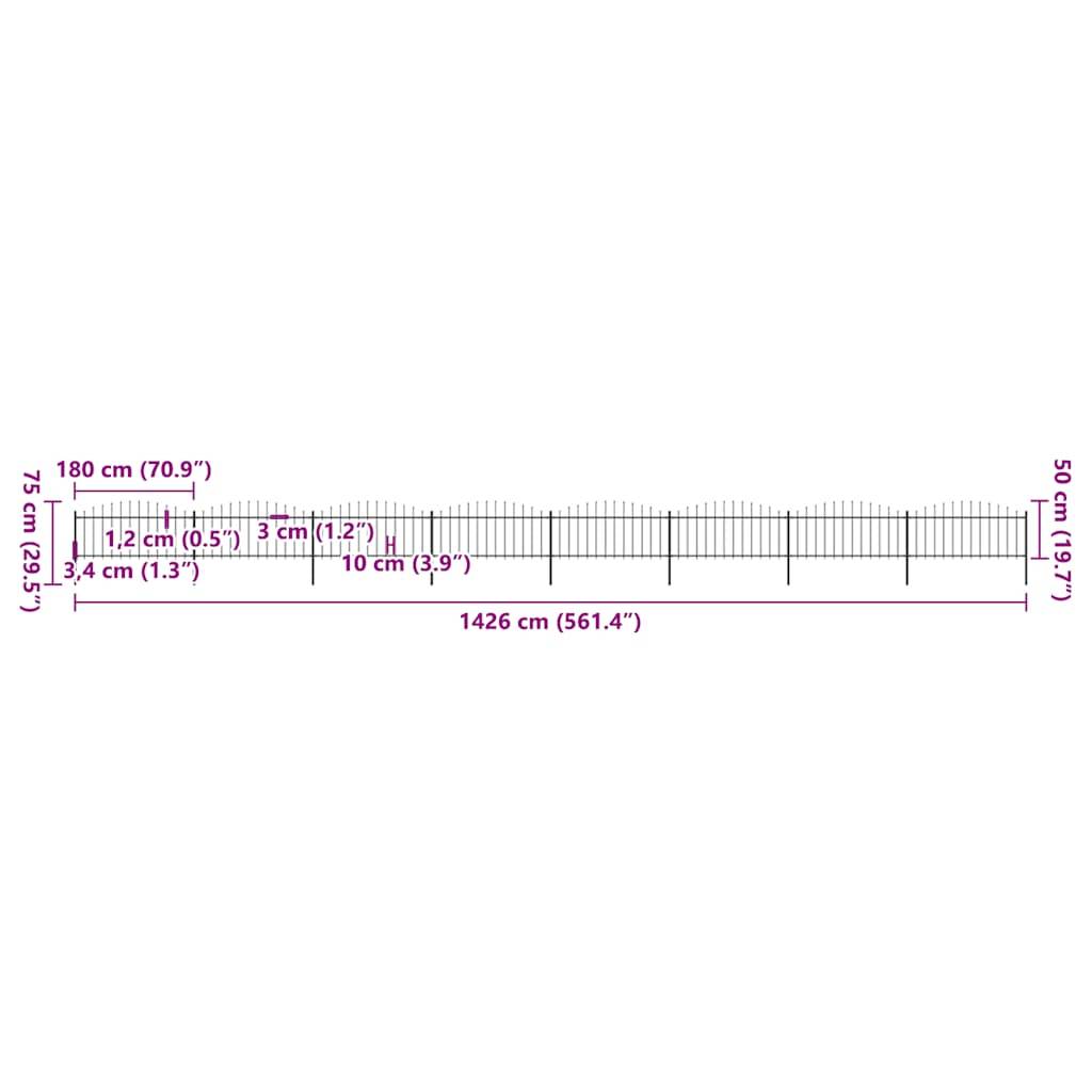 vidaXL Gartenzaun mit Speerspitzen Stahl (0,5 - 0,75) x 13,6 m Schwarz