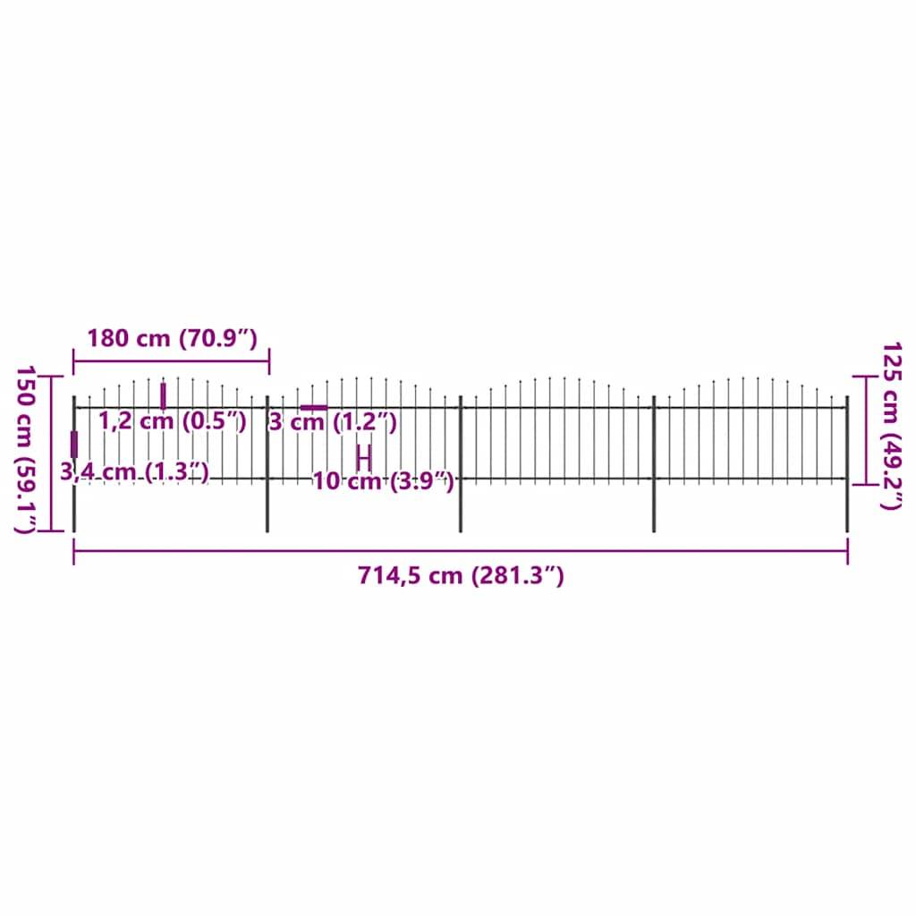 vidaXL Gartenzaun mit Speerspitzen Stahl (1,25 - 1,5) x 6,8 m Schwarz