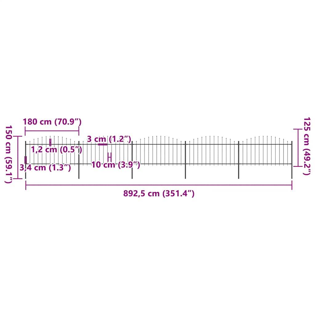 vidaXL Gartenzaun mit Speerspitzen Stahl (1,25 - 1,5) x 8,5 m Schwarz