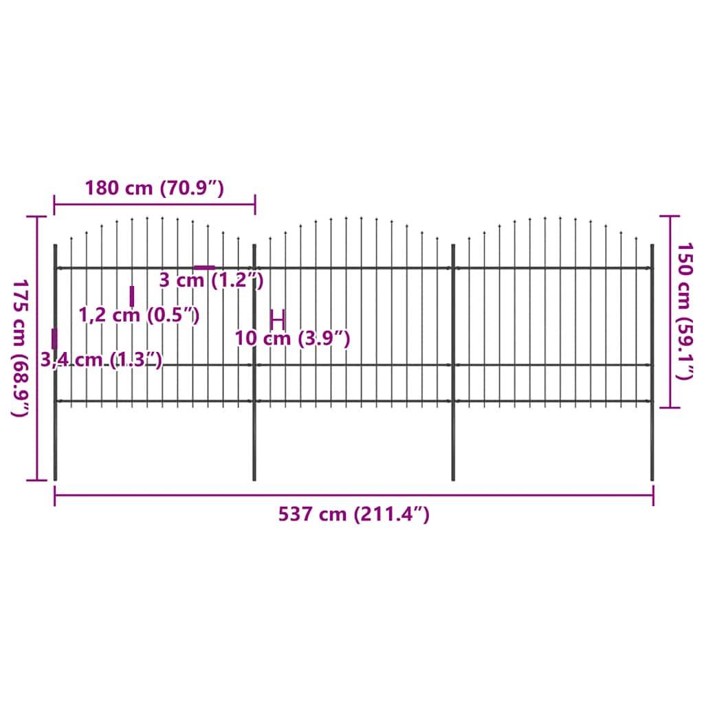 vidaXL Gartenzaun mit Speerspitzen Stahl (1,5 - 1,75) x 5,1 m Schwarz
