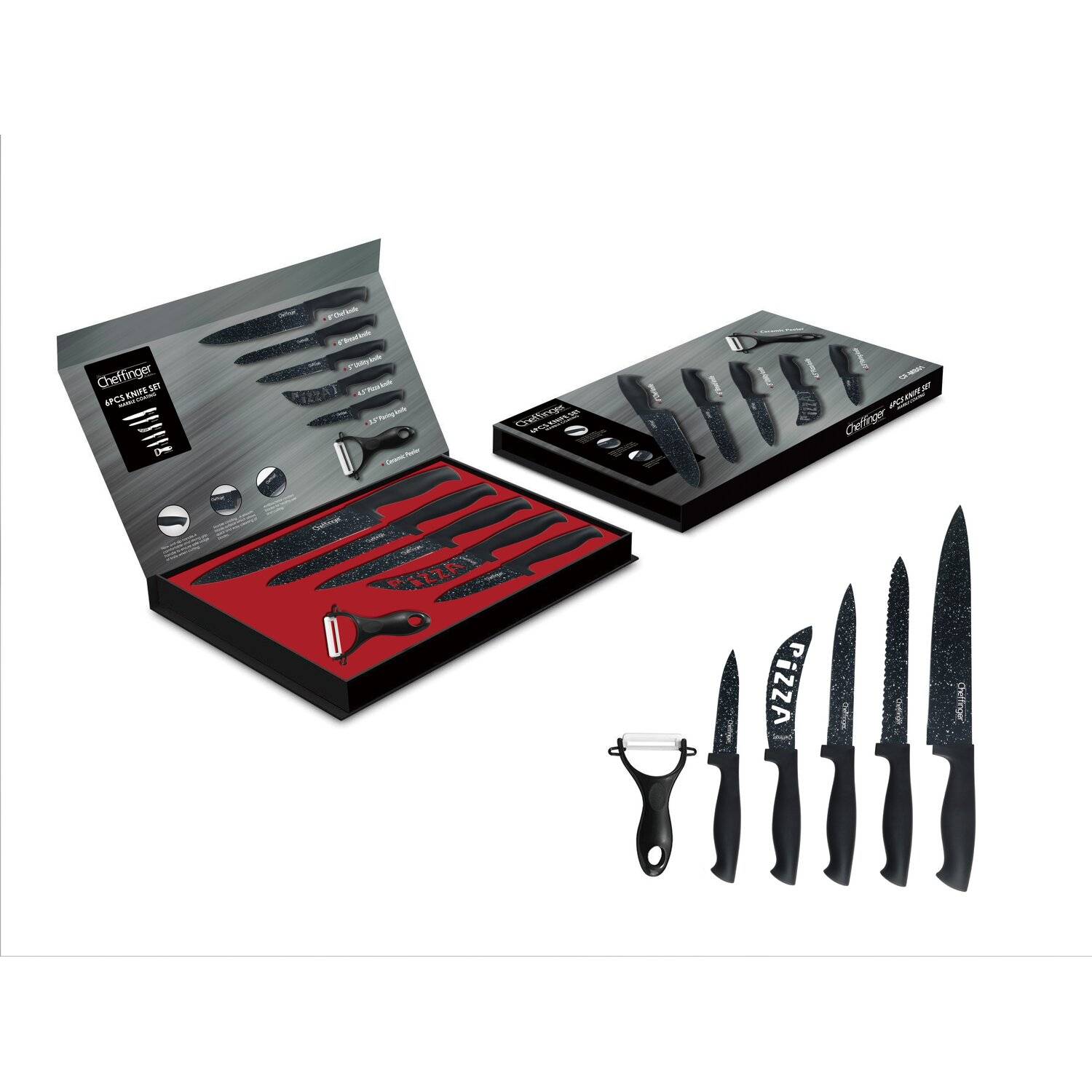 6 teiliges Messerset (5 Messer & 1 Sparschäler) in Klappbox mit Magnetverschluss scharfe Messerklingen Motiv 1
