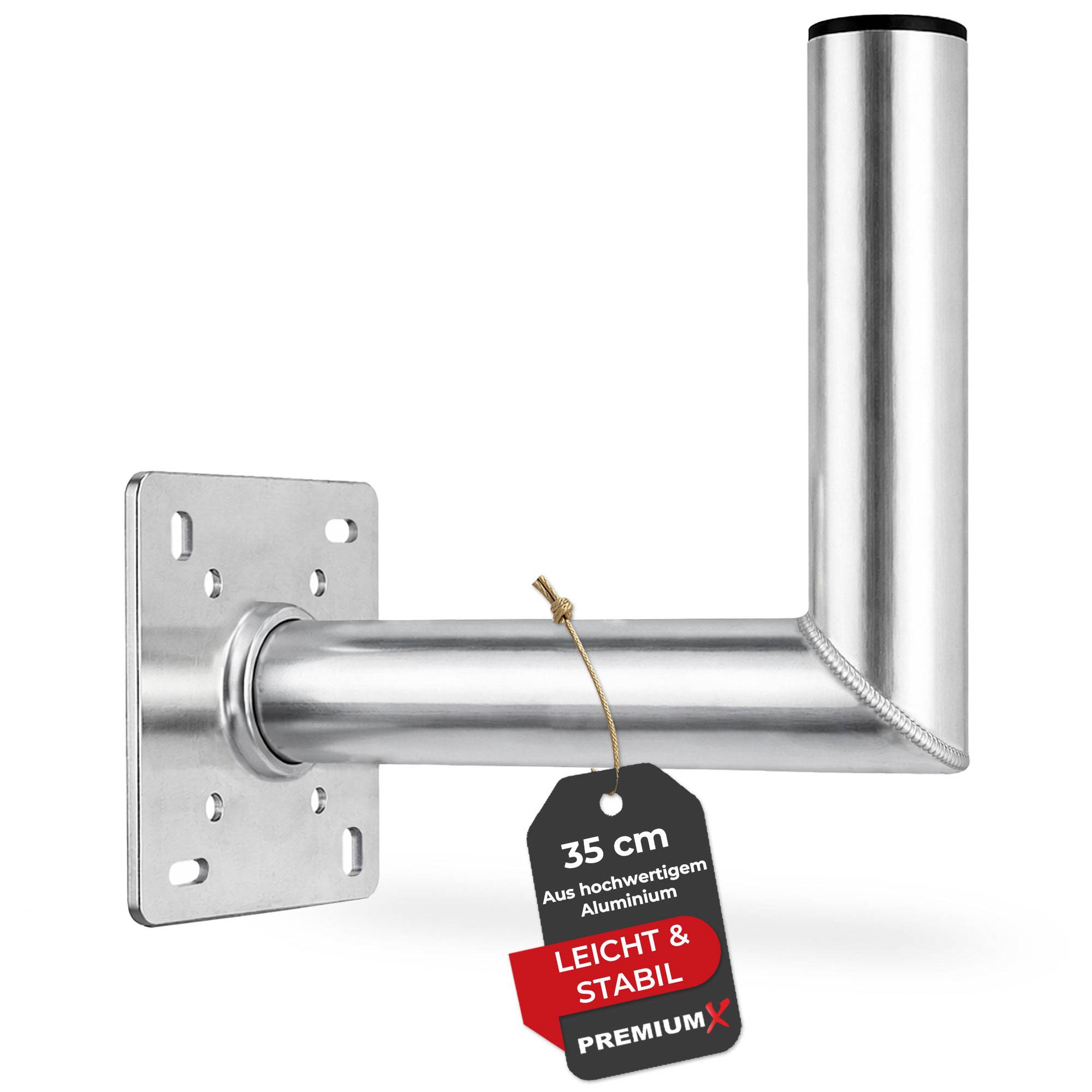 Eine silberne Aluminium-Wandhalterung mit einem Schild, das besagt „35 cm Aus hochwertigem Aluminium LEICHT & STABIL PREMIUMX