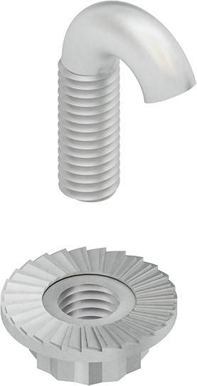 Eine Metallschraube und eine Unterlegscheibe, von oben betrachtet, die das Gewindedesign der Schraube und den gerillten Rand der Unterlegscheibe auf weißem Hintergrund zeigt.