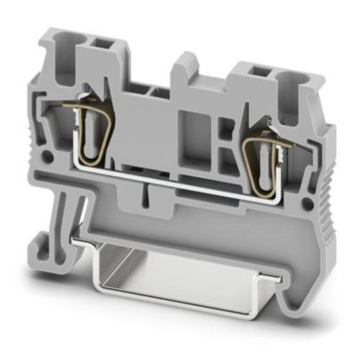 Querschnitt eines grauen Elektroklemmenblocks mit inneren Federklemmen und Metallkontaktstreifen zur Drahtverbindung.