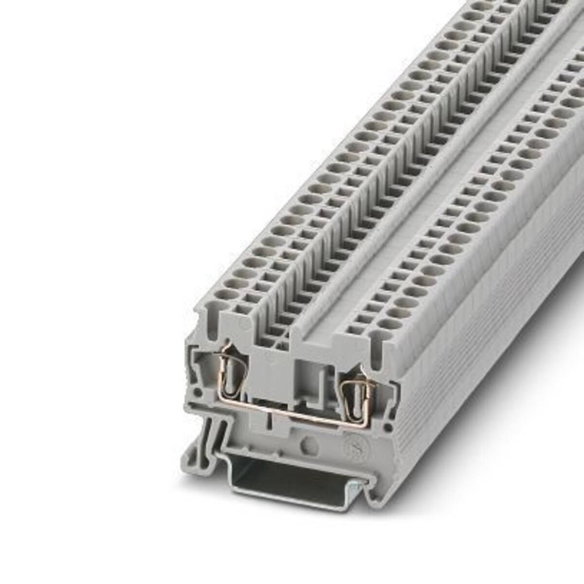 Querschnitt eines grauen elektrischen Anschlussblocks mit mehreren Steckplätzen und metallischen Federkontakten.