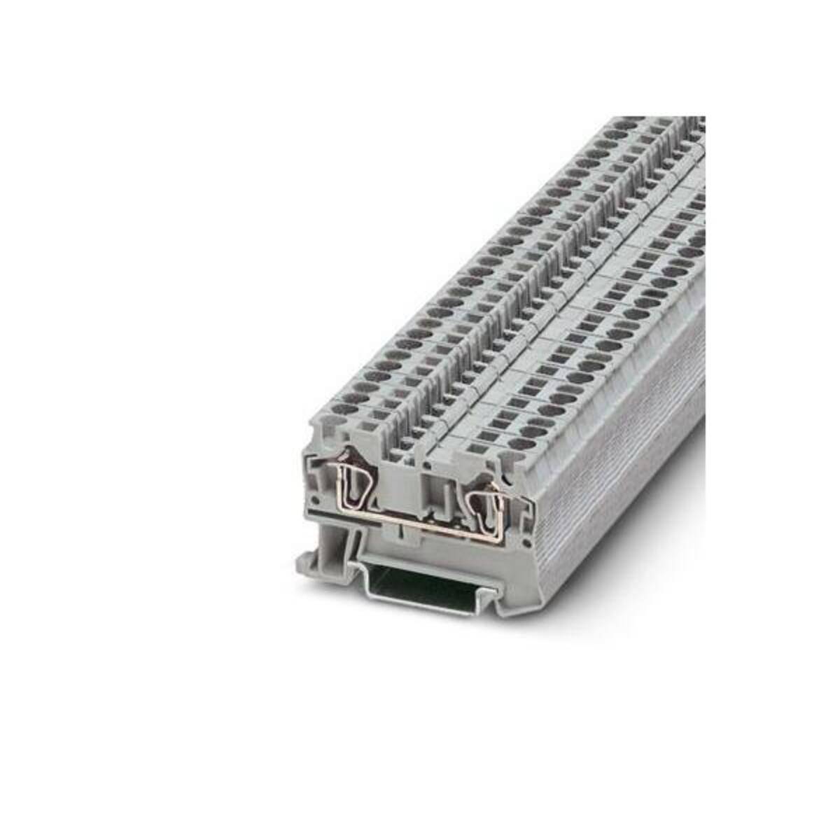 Graues modulares elektrisches Klemmenleistenbrett mit mehreren Drahtanschlussplätzen, dargestellt in perspektivischer Ansicht auf weißem Hintergrund.