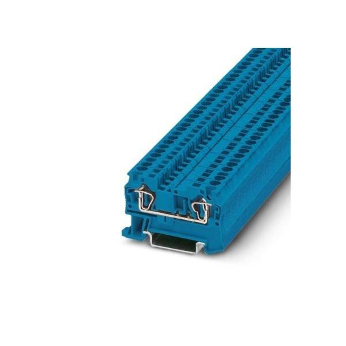 Blaue DIN-Schienenklemme mit Reihen von Anschlussöffnungen und metallischen Federklemmen, in einer produktstilisierten Nahaufnahme auf weißem Hintergrund.