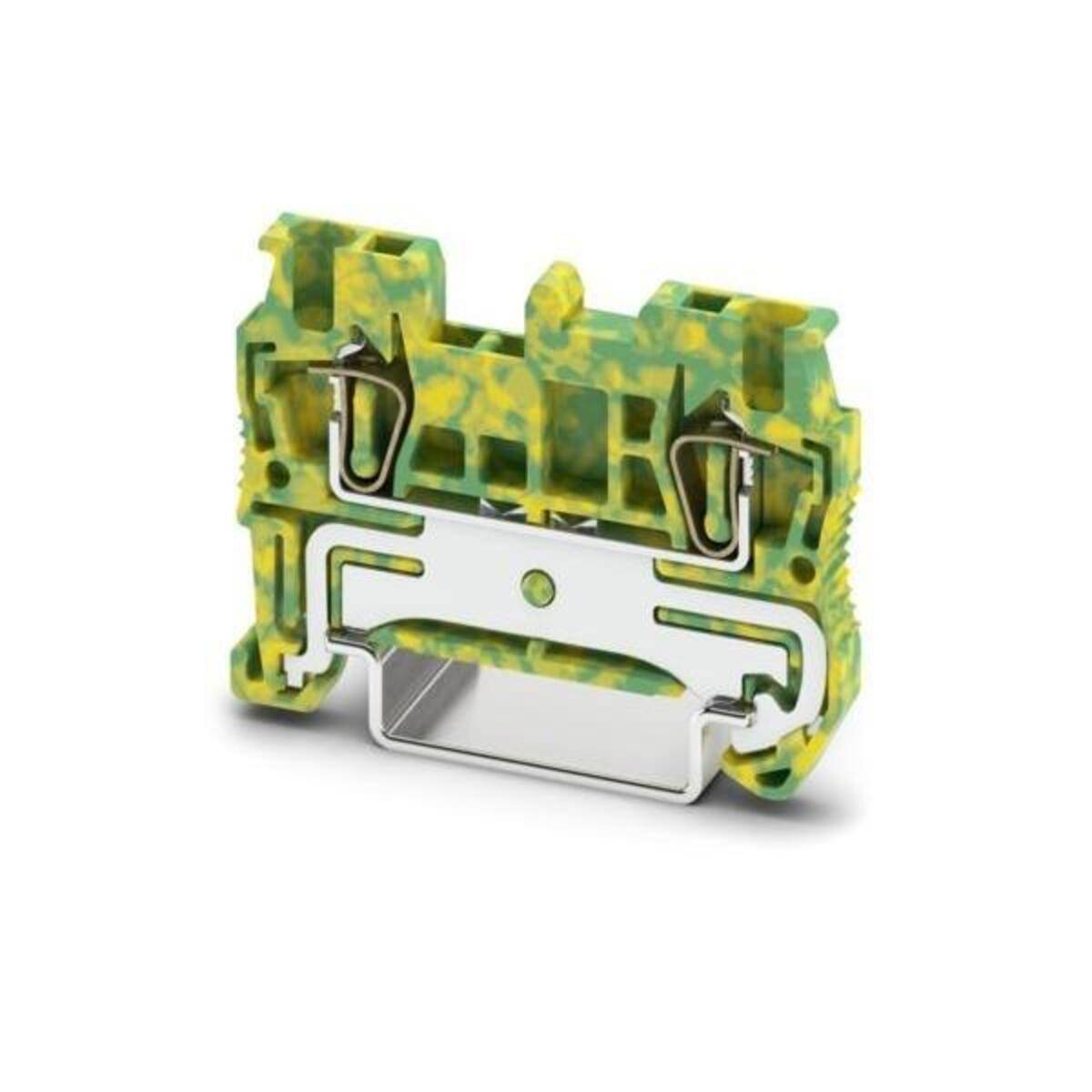 Nahaufnahme eines grün-gelben Elektroklemmenblocks mit einer silbernen Metallklemme und Montagebasis auf weißem Hintergrund.