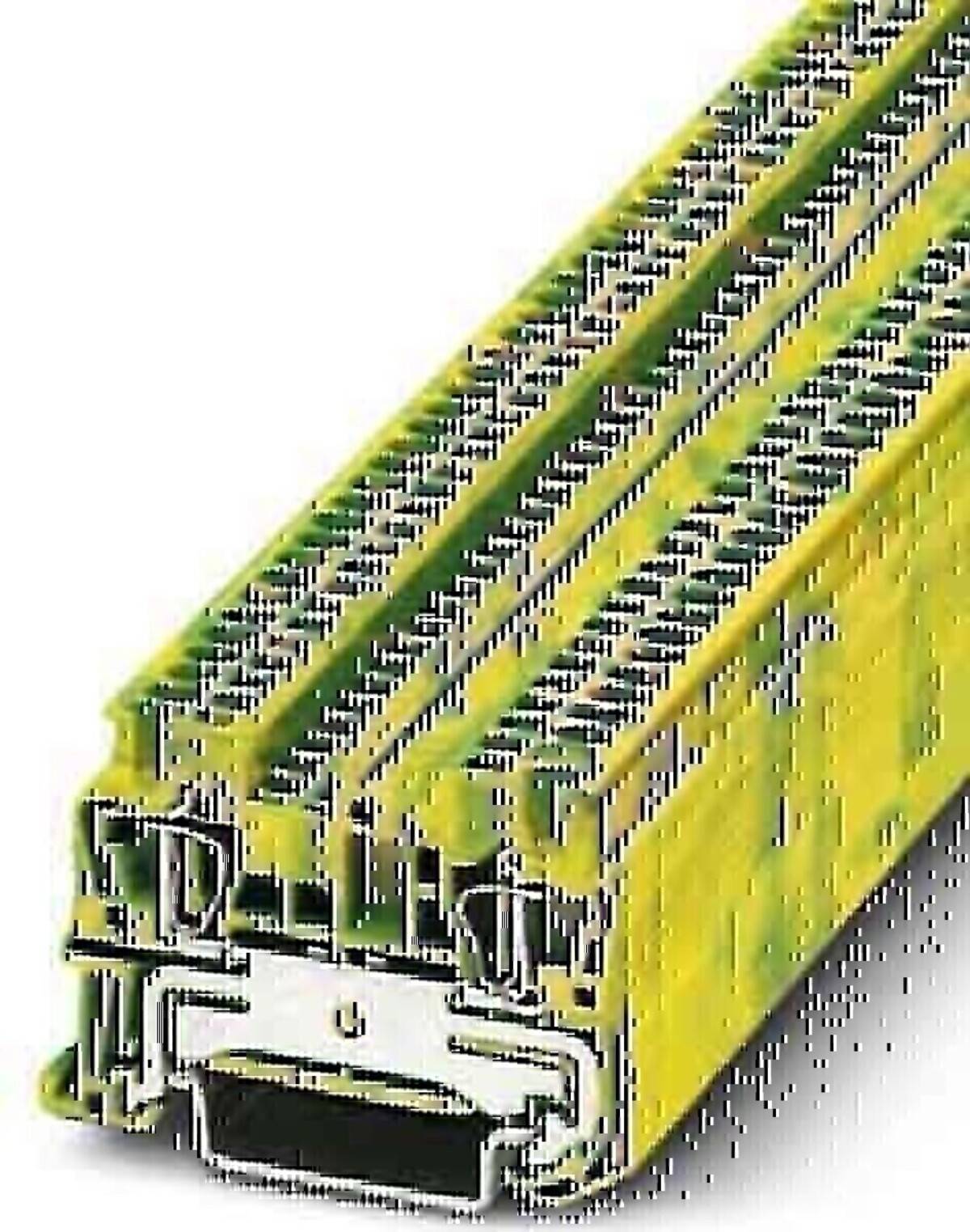 Nahaufnahme eines gelben industriellen Elektrosteckermoduls mit Metallkontakten und einer rechteckigen Steckerbuchse.