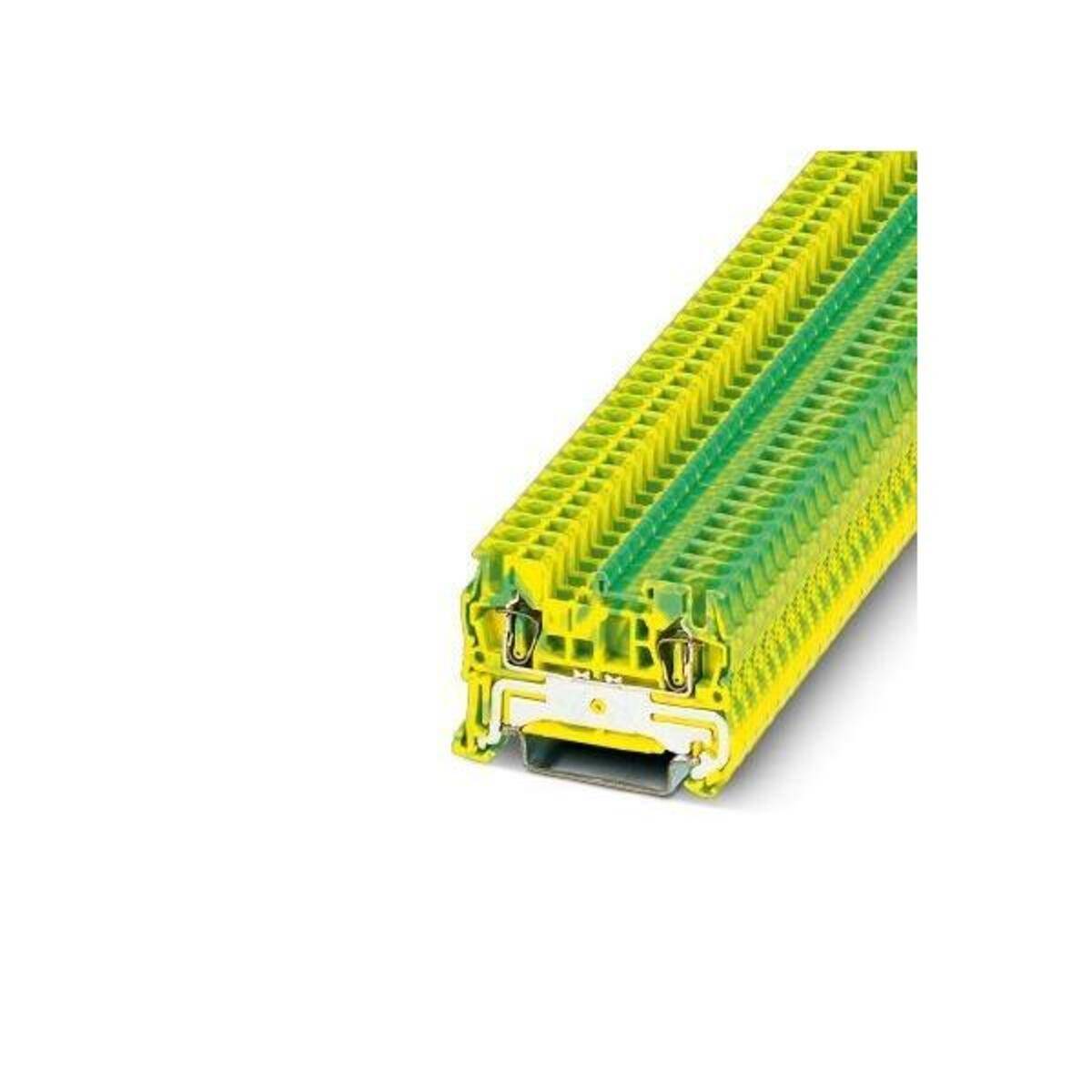 Gelb-grüner elektrischer Klemmenblock auf einer DIN-Schiene montiert, in schrägem Detail auf weißem Hintergrund dargestellt.