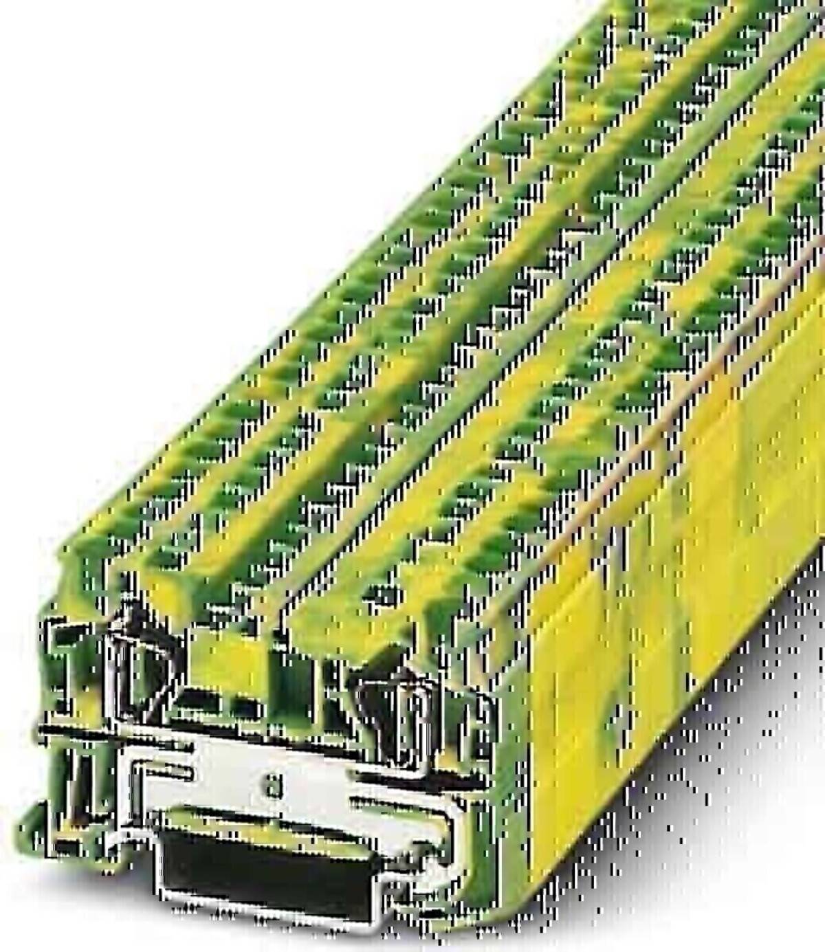 Gelbes und grünes Elektrik-Klemmleistenblock mit Metallverbinder, in Nahaufnahme auf weißem Hintergrund dargestellt.