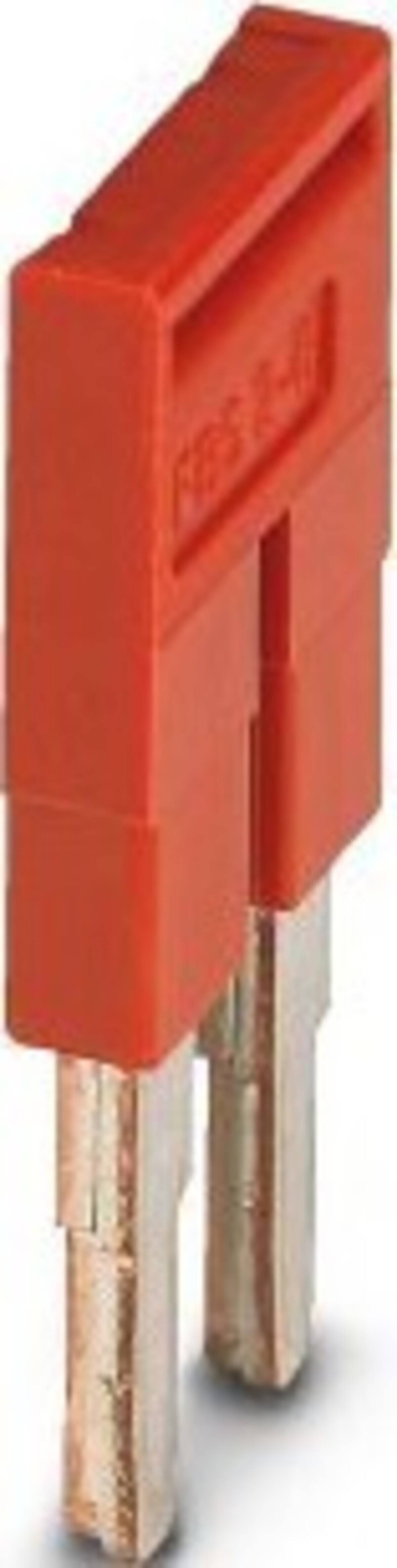 Roter Stromstecker mit zwei Metallstiften zum Anschließen an ein Gerät oder eine Stromquelle.
