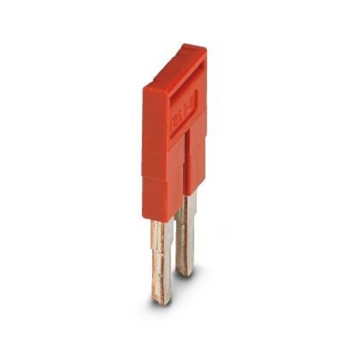 Rotes zweipoliges Elektrostecker mit Metallkontakten auf weißem Hintergrund.