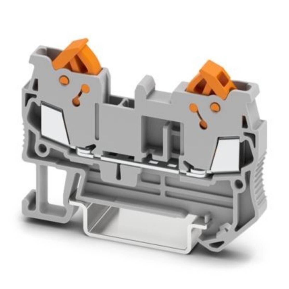 Querschnitt eines grauen elektrischen Klemmleistenverbinders mit zwei orangefarbenen Spannhebeln, der den internen Draht-Kontaktmechanismus zeigt.