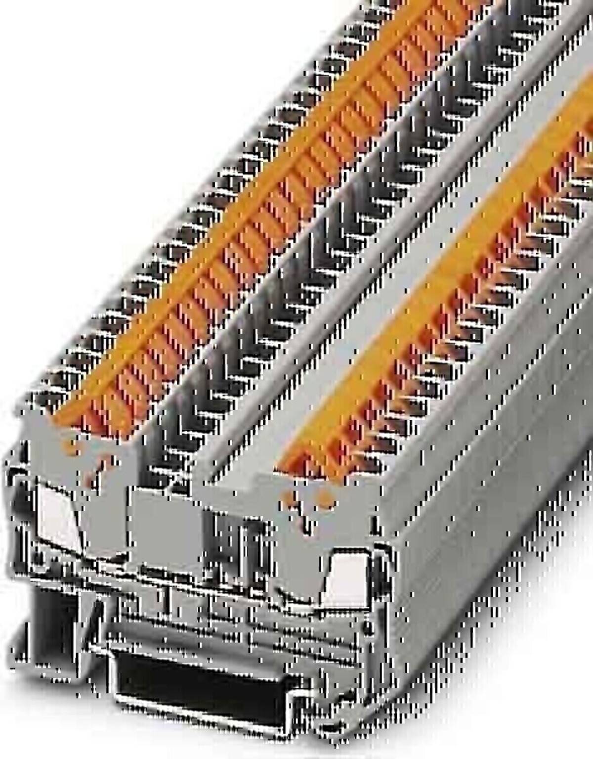 Nahaufnahme eines rechteckigen Elektroklemmenblocks mit zwei Reihen orangefarbener Schraubklemmen und grauem Gehäuse, der zum Verbinden von Drähten verwendet wird.