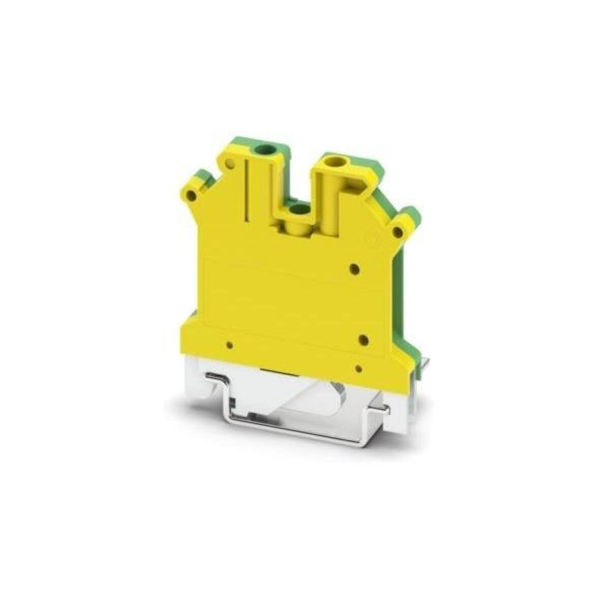 Gelbes und grünes Elektroanschlussklemmen-Gehäuse, das auf einer metallischen DIN-Schienenbasis montiert ist, vor weißem Hintergrund dargestellt.