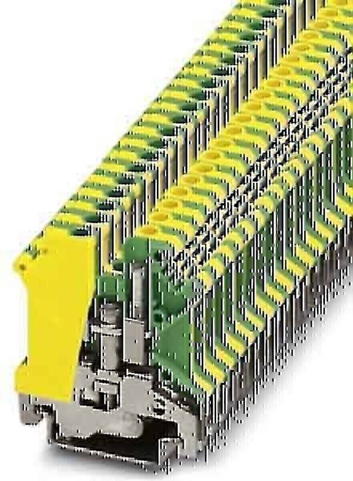 Nahaufnahme eines gelb-grünen elektrischen Klemmleistenblocks oder modularen Steckers mit vielen Federklemm-Anschlüssen zum Verdrahten.