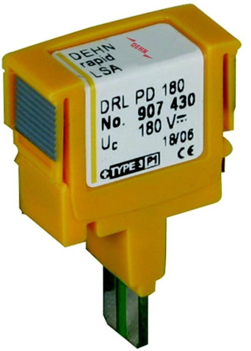 Eine Nahaufnahme einer gelben elektrischen Komponente mit der Beschriftung 'DRL PD 180', die Spezifikationen wie 'Po 907 430' und 'Uc 180V' anzeigt.