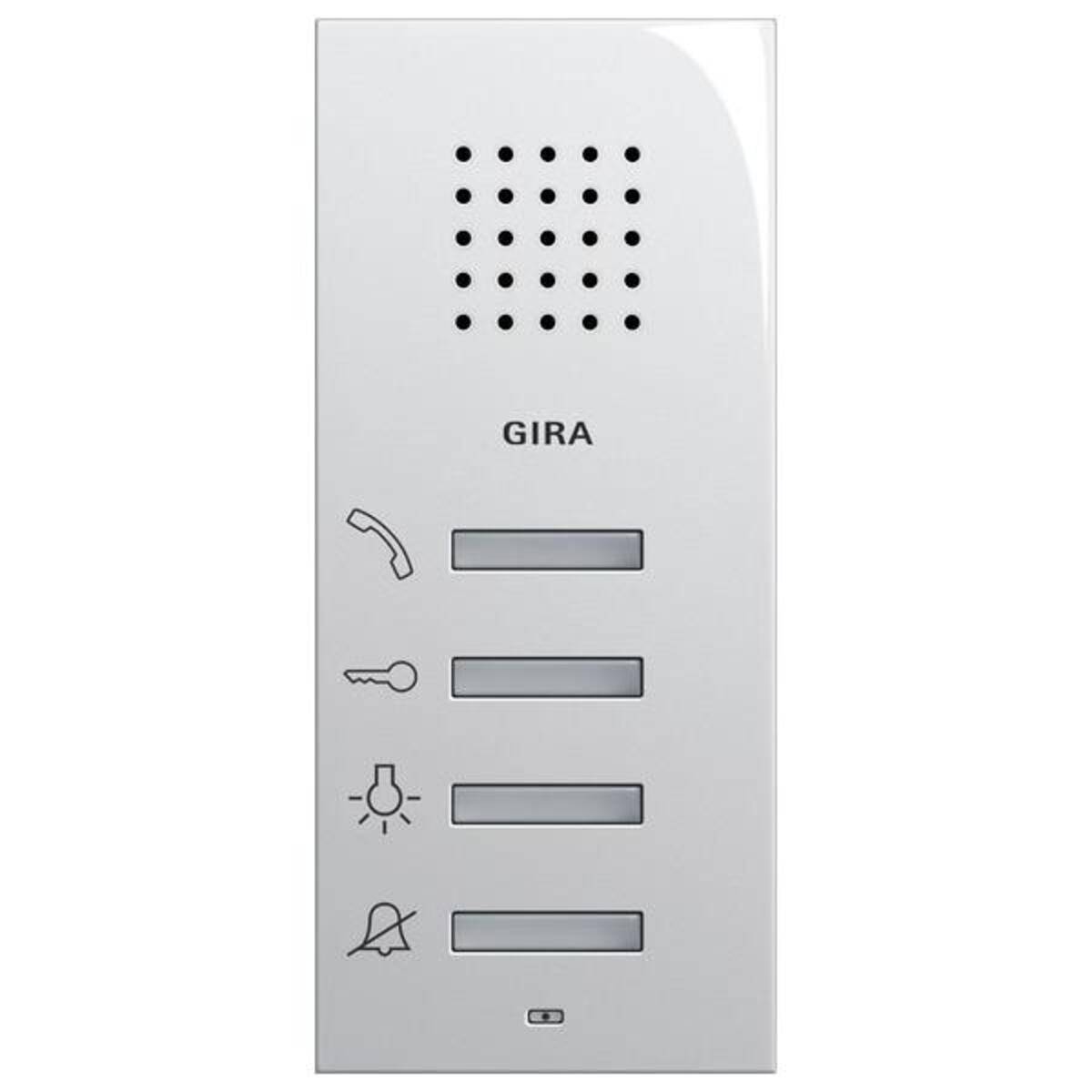 Silbernes GIRA Gegensprechanlage-Panel mit Lautsprecherlöchern, vier Tasten für Hörer-, Schlüssel-, Licht- und Klingelfunktionen.