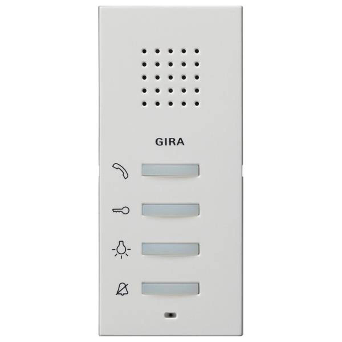 Weißes GIRA Wandsprechanlage-Panel mit Lautsprechergitter und vier Tasten für Anruf-, Schlüssel-, Licht- und Stummschaltungsfunktionen.