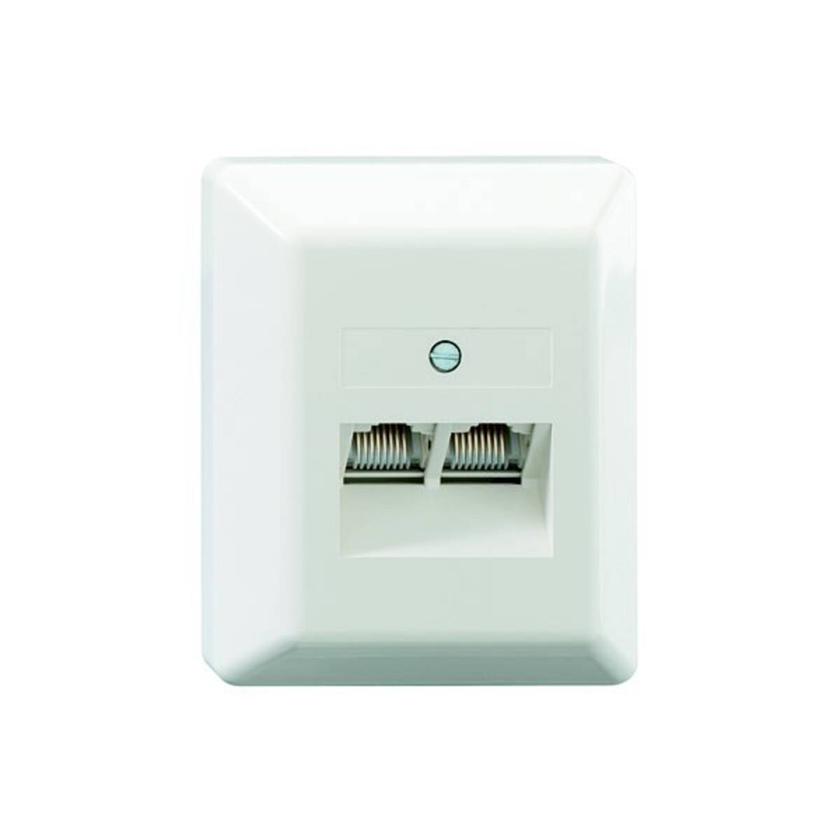 Weiße wandmontierte Ethernet-/Netzwerkdose mit zwei Anschlüssen und einer kleinen Schraube darüber auf einfachem weißem Hintergrund.
