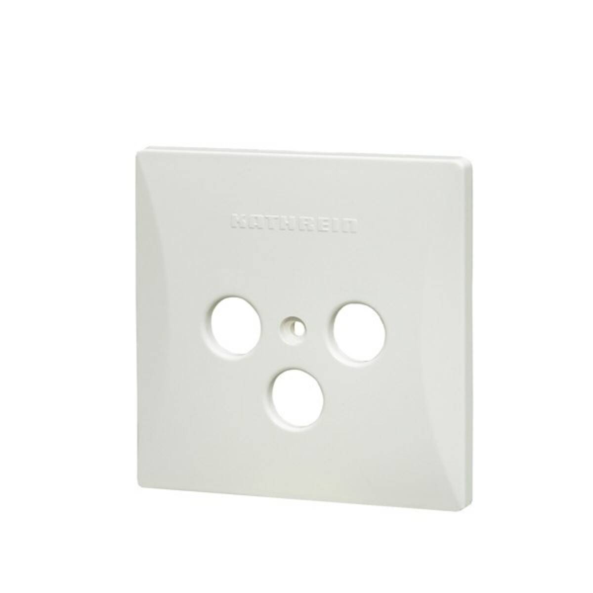 Eine weiße Wandplatte mit drei runden Öffnungen für elektrische Steckdosen, versehen mit dem Markennamen.