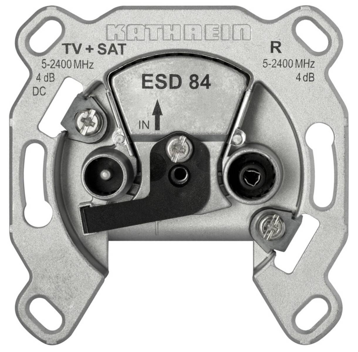 KATHREIN TV- und SAT-Wanddose, Modell ESD 84, mit Anschlüssen für TV- und Radiosignale, Frequenzbereich 5-2400 MHz, 4 dB DC.