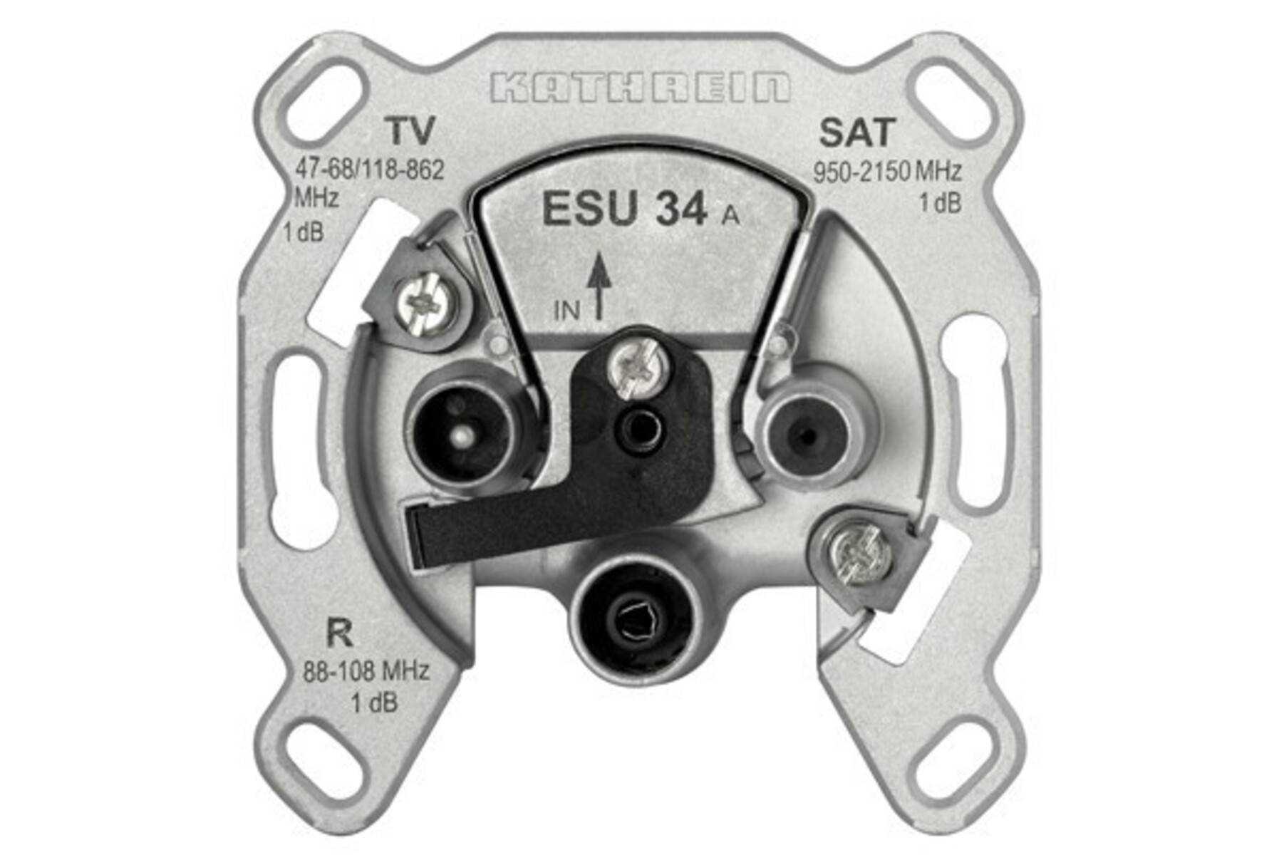 Kathrein ESU 34 A' Antennendose für TV und SAT, mit Koaxial-Eingangs- und Ausgangsbuchsen, die für verschiedene Frequenzbereiche gekennzeichnet sind.