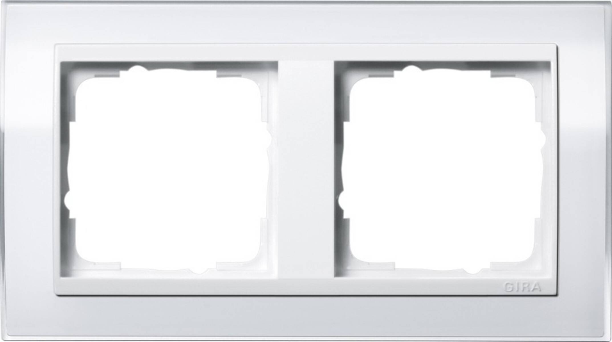 Ein weißer, horizontaler Fensterrahmen, der durch einen vertikalen Balken in zwei Abschnitte unterteilt ist, vor einem einfachen Hintergrund.