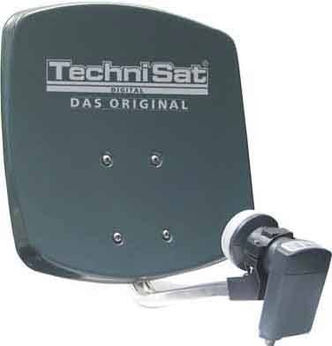 TechniSat Satellitenschüssel auf einer Halterung montiert, mit dem Aufdruck 'DAS ORIGINAL'.