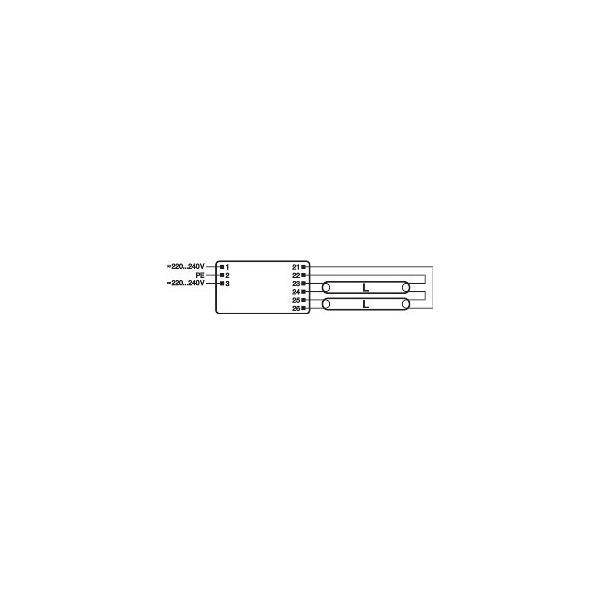 Einfaches Schaltschema mit einer 220-240V-Stromversorgung mit PE- und Neutralleitungen, die an eine Klemmleiste angeschlossen sind, und zwei verbundenen Lastkreisen.
