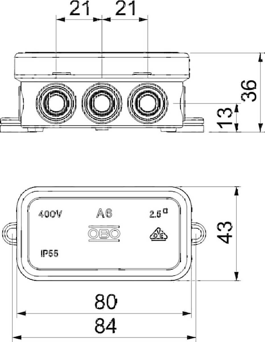 Technische Zeichnung einer Abzweigdose mit der Bezeichnung '400V, IP55' mit Abmessungen: 80 mm Breite, 43 mm Höhe, 36 mm und 13 mm Tiefendetails. Enthält drei Eingangssteckplätze.