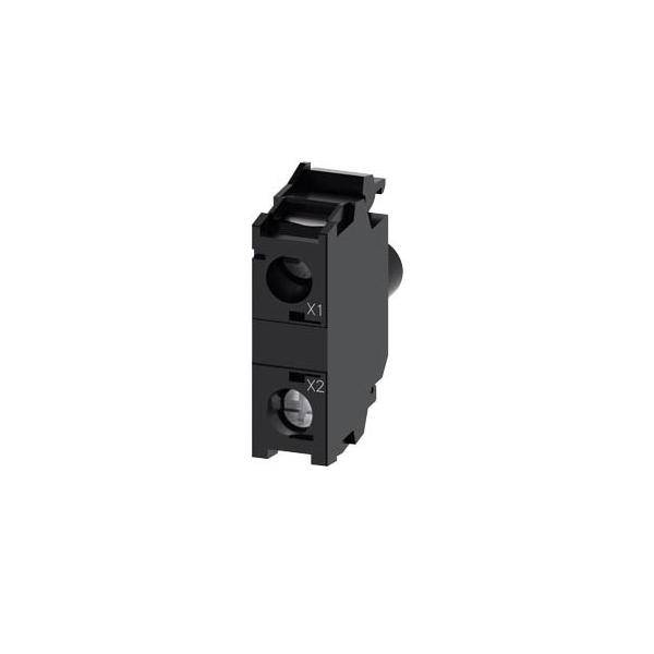 Schwarze Elektroklemmleistenkomponente mit zwei vorderen Schraubklemmen mit den Bezeichnungen X1 und X2, dargestellt auf weißem Hintergrund.