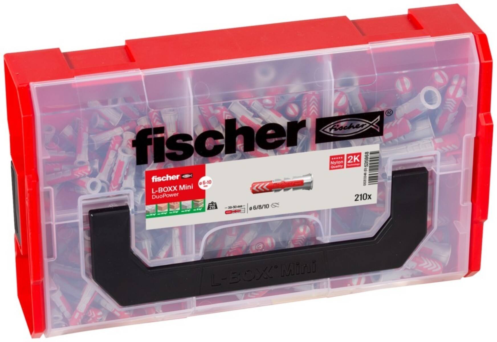 Red Fisher L-BOXX Mini DuoPower Hardwarekoffer mit durchsichtiger Vorderseite, schwarzem Griff und sichtbaren Wandankern im Inneren.