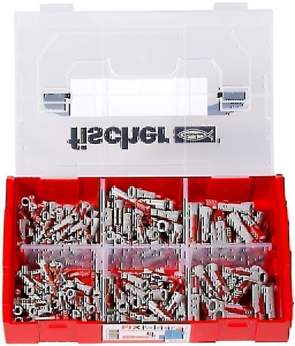 Offene rote Kunststofforganizer-Box mit transparentem Deckel, unterteilt in sechs Fächer, gefüllt mit verschiedenen kleinen Metallbefestigungselementen und Hardwareteilen.