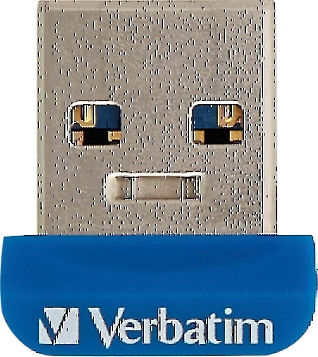 Ein USB-Stick mit einer blauen Verbatim-Kappe, der einen metallischen Anschluss mit zwei sichtbaren Anschlüssen zeigt, die wie Augen und ein Mund aussehen.