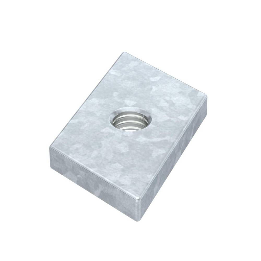 Eine rechteckige silberne Metallplatte mit einem Gewindeloch in der Mitte.