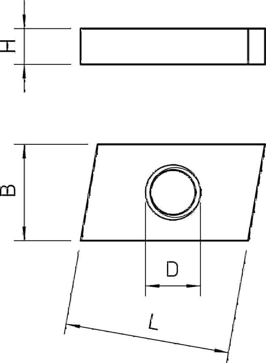 Technische Zeichnung einer rechteckigen Komponente mit einer kreisrunden Öffnung. Maße: 'B' und 'D' sind gekennzeichnet; Objekt ist in einem Winkel dargestellt.