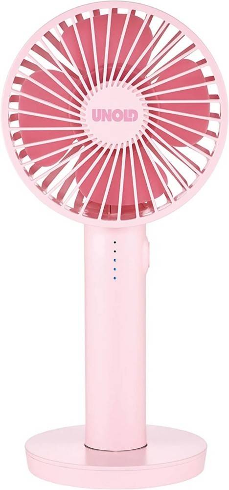 Ein kleiner, rosa handgehaltener Ventilator mit einem kreisförmigen Schutzgitter und blauen Anzeigelichtern am Griff.