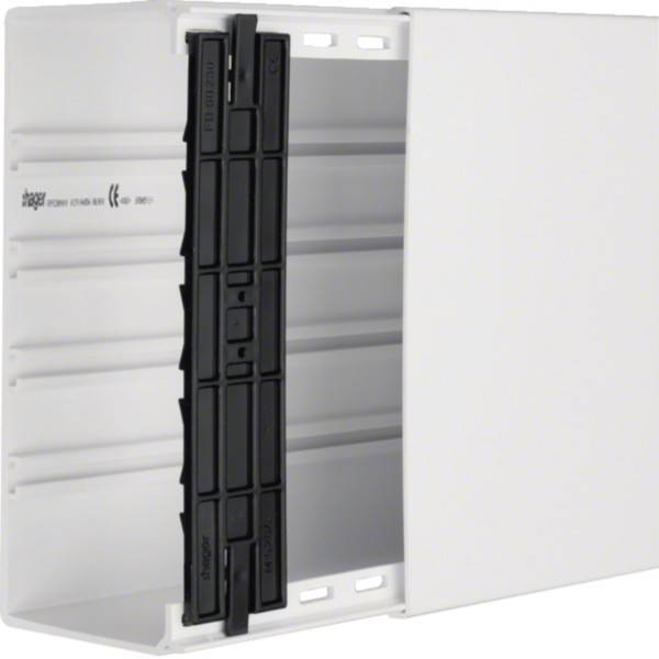 Weiße, an der Wand montierte elektrische Schalttafelgehäuse mit offener Vorderseite und schwarzen modularen Komponenten im Inneren