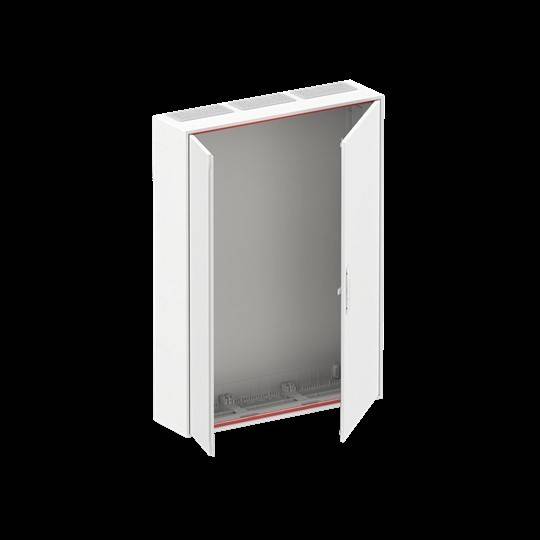 Ein weißes, offenes elektrisches Gehäuse mit einer leicht geöffneten Tür, das einen leeren Innenraum zeigt, der wahrscheinlich für die Unterbringung von elektrischen Komponenten vorgesehen ist.