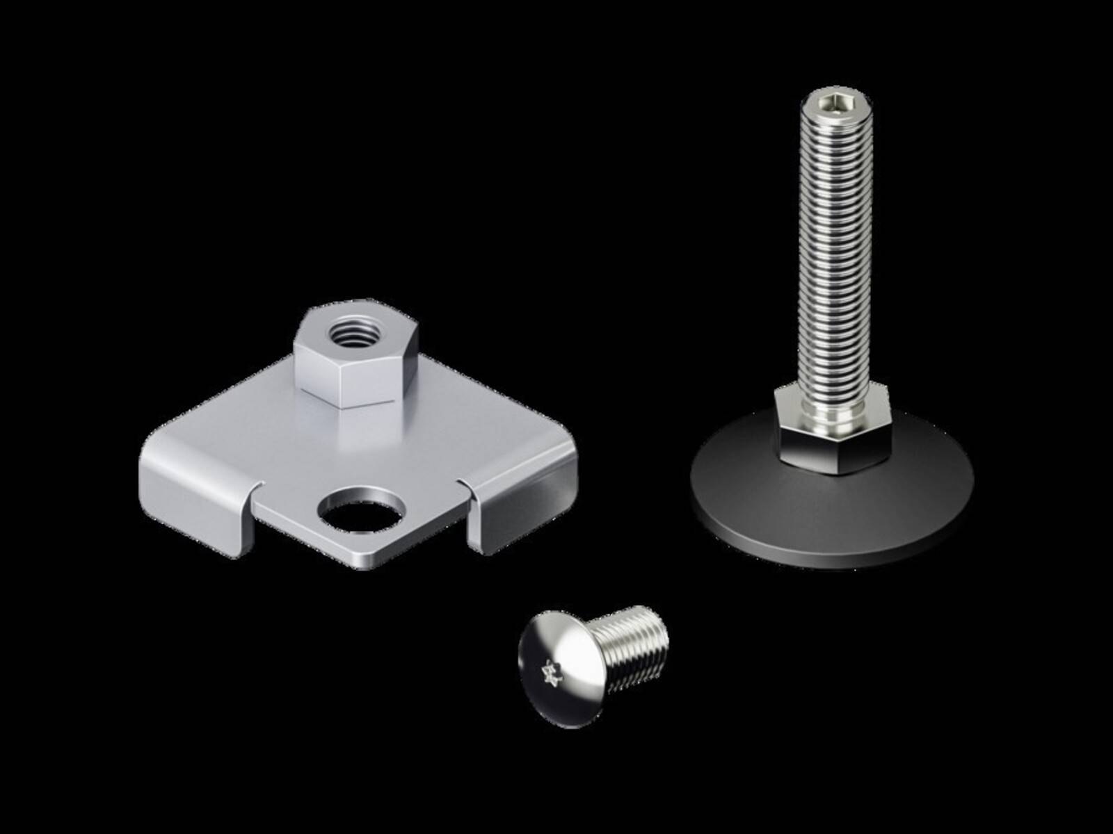 Drei Metallfastener auf Schwarz: eine quadratische Clipmutter, ein langer Gewindebolt mit Unterlegscheibe und eine kurze Schraube.