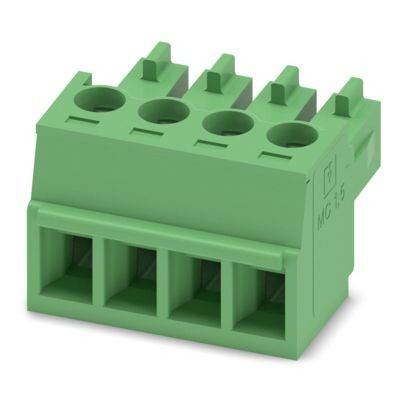 Grüner Vierpositionen-Schraubklemmenblock-Stecker mit oberen Drahteinführungslöchern und vorderen Öffnungen.