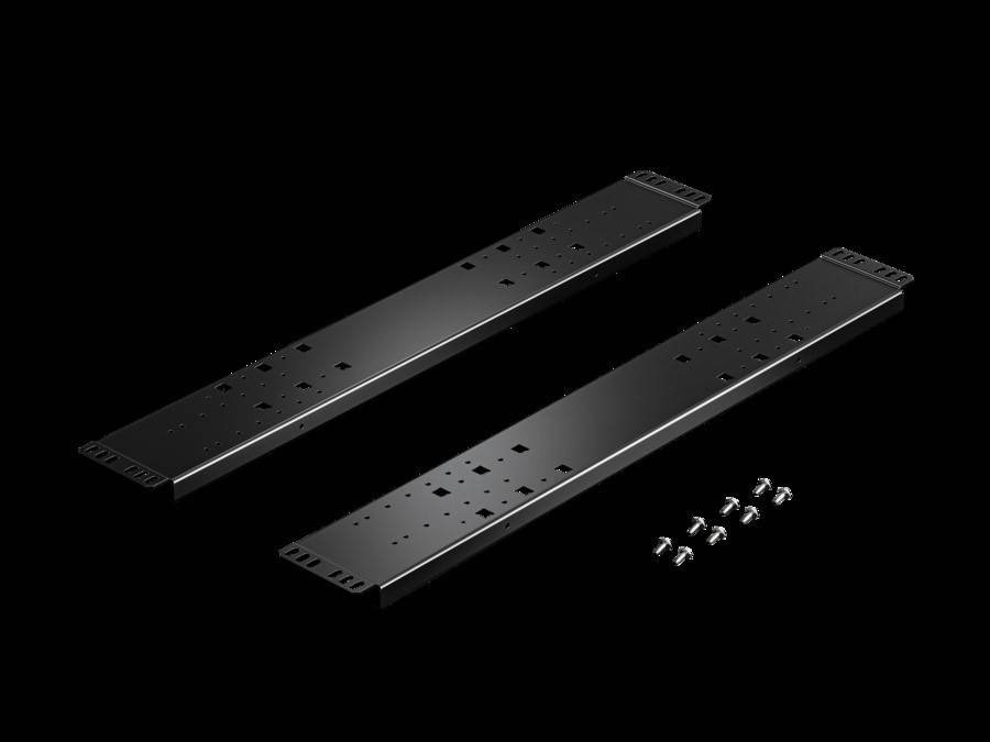 Zwei Metallrack-Montagehalterungen mit mehreren Löchern, begleitet von acht kleinen Schrauben, möglicherweise für die Elektronik- oder Serverbestückung verwendet.