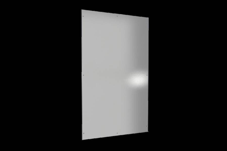Ein reflektierendes, rechteckiges Metallblech mit sichtbaren Schrauben an den Ecken vor einem schwarzen Hintergrund.