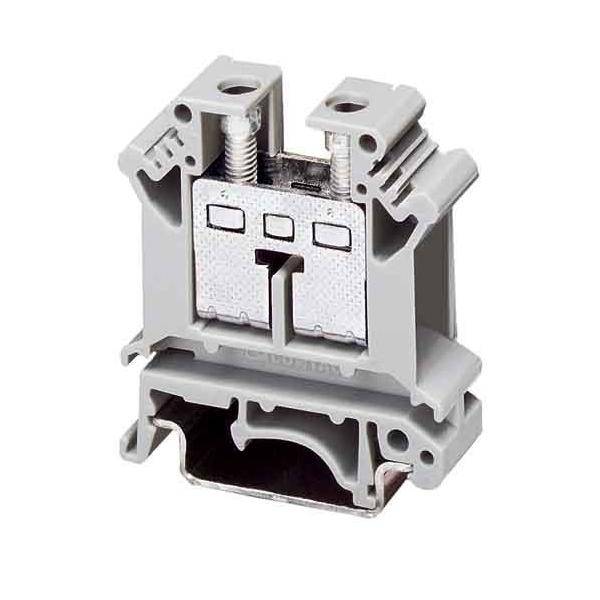 Ein grauer Reihenklemmenblock mit Doppelschraubklemmen zur Montage auf DIN-Schienen, mit Öffnungen für Drahtanschlüsse und robuster Bauweise.