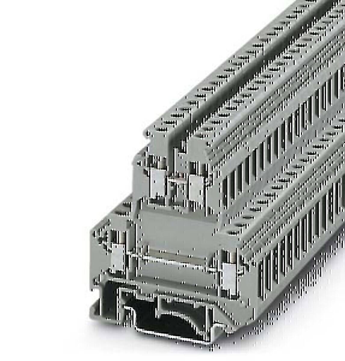 Nahaufnahme eines grauen, modularen industriellen Klemmenblockes mit mehreren Anschlusspunkten, der für die Befestigung von Leitungen in elektrischen Verteilerkästen konzipiert ist.