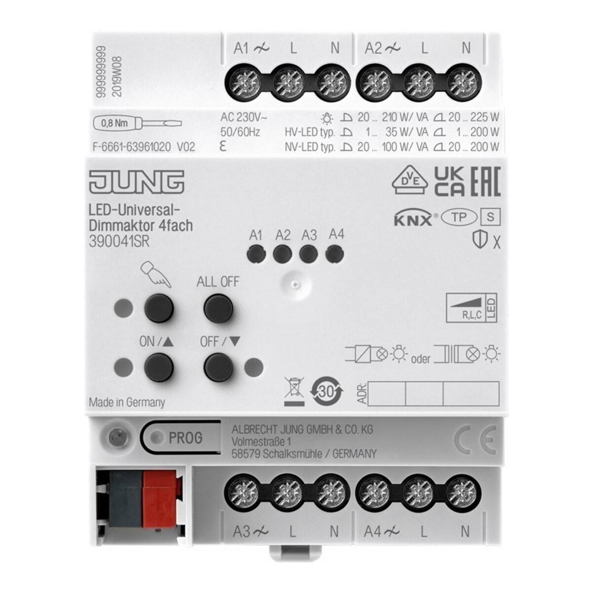 Frontansicht eines JUNG LED Universal-Dimmmoduls mit beschrifteten Anschlussschrauben, Statusanzeigen und Tasten für Ein/Aus, Alles Aus und Programmierung.
