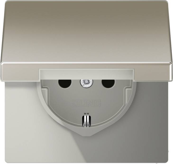 Eine geschlossene silberne elektrische Steckdosenabdeckung in quadratischer Form, die in der Mitte eine runde Öffnung für einen Stecker und einen Scharnier an der Oberseite aufweist.