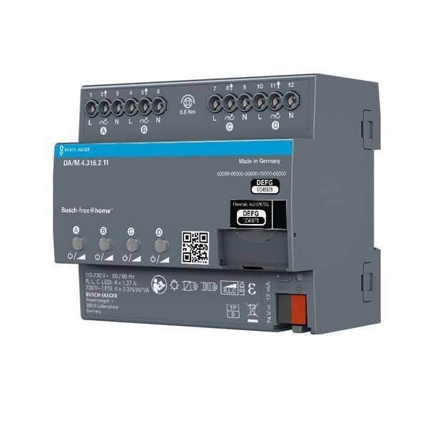Elektrisches Gerät mit der Bezeichnung 'DA/M 4.315.2.1' mit verschiedenen Eingabe-/Ausgabeports, LED-Anzeigen und einem QR-Code an der Seite.